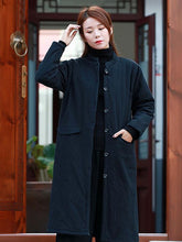 Casual National Linen Stand Collar Long Cotton-Padded Outwear