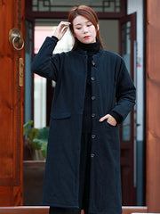 Casual National Linen Stand Collar Long Cotton-Padded Outwear