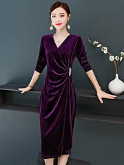 Velvet V-Neck Collect Waist A-Line Midi Dress