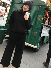 Soft Knitting Spun With-hat Sweater + Wide Leg Pants Suits