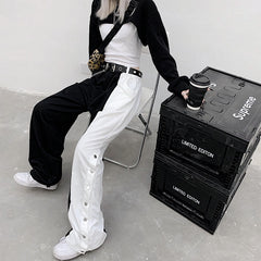 Contrasting Single Breasted High Waisted Wide Leg Casual Pants