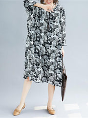 Loose Chiffon Plants Print Round-neck Long Dress+Black Jumper Skirt