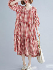 Loose V-Neck Graceful Plaid Midi Dress