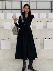 Retro Splicing Lace Solid Color Midi Dress