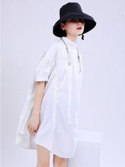 Original Puff Sleeve Drawstring Stand Collar Shirt Dress