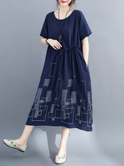 Women Round Neck Print Stitching Dress