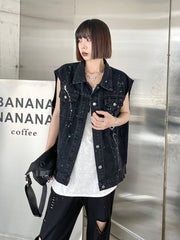 Denim Paint Dot Print Sleeveless Waistcoat