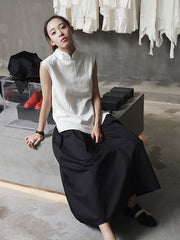 Women Solid Color Pleated Loose Casual Skirt