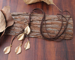 Alloy Leaf Shape Pendant Leather Cord Necklace