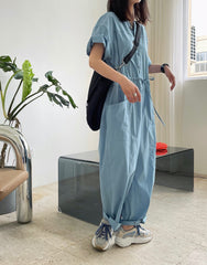 Round Neck High Waist Elastic Drawstring Straight Leg Jumpsuit
