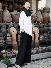 White&Gray Cropped Round-neck Ramie Cotton T-shirt