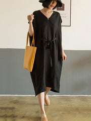 Loose Linen Lace-Up V-Neck Soft Dress
