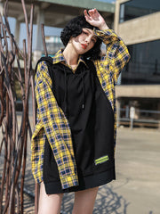 Women Retro Loose Pullover Hooded Contrast Sweatshirt