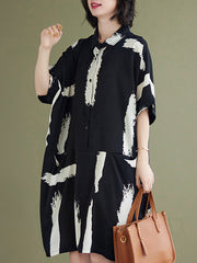 Lapel Simple Half Sleeves Printed Midi Dress