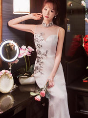 White Sequined Long Cheongsam Evening Dress