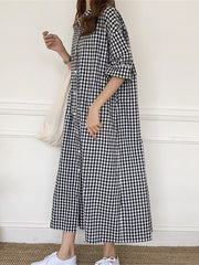 Women Lapel Plaid Print Casual Dress
