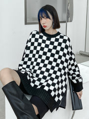 Retro Houndstooth Split-Side Sweater