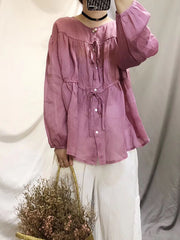 Solid Shirring Long Sleeves Blouse