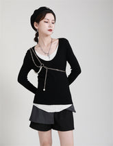Stitching Contrast Color Fake Two-Piece Long Sleeve Sweater