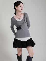 Stitching Contrast Color Fake Two-Piece Long Sleeve Sweater