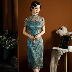 Hollowed Out Ruffle Hem Straight Lapel Waist High Slit Cheongsam Midi Dress
