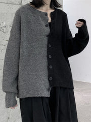 Asymmetric Buttoned Contrast Color Split-Joint Long Sleeves Roomy Round-Neck Cardigan Tops