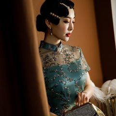 Hollowed Out Ruffle Hem Straight Lapel Waist High Slit Cheongsam Midi Dress
