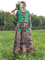 Retro Ethnic Round-Neck Long Sleeve Maxi Dress
