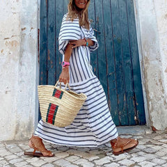 Printed Striped Loose Casual Long Sleeve Midi Dress