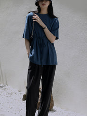 Round Neck Short-Sleeved Solid Color Lace-Up Waist T-Shirt Tops