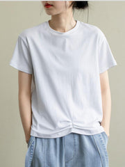 Loose Solid Pleated Casual Round Neck T-Shirt