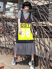 Lettered Print Splicing Mesh Jean V-Neck Suspender Dress