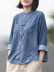 Vintage Button-Down Denim Stand-Up Collar Shirt