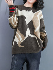 Women Retro Round Neck Casual Sweater