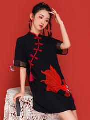 Koi Embroidery A-Line Cheongsam Mini Dress