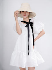 Loose Falbala Solid Lace-Up Puff Sleeve Mini Dress