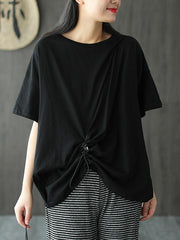 Solid Color Splicing Cropped Pleated T-Shirt