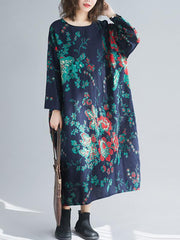 Vintage Large Flower Round-Neck Midi Dress