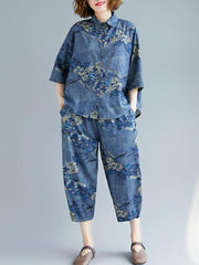 Loose Printed Blouse + Harem Pants Suit