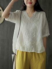 Ramie Loose Embroidered Solid V-Neck Shirt