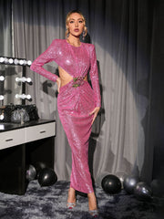Aviva Long Sleeve Cutout Sequin Maxi Dress In Pink