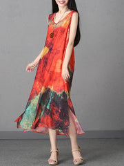 Chiffon Printed Sleeveless Split-side Long Dress