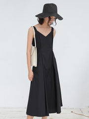 Solid Color Sleeveless A-Line V-Neck Dress