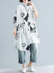 Women Lapel Printed Loose Casual Shirt