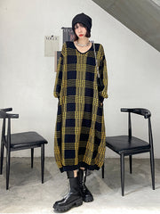 Long Sleeve Loose Mid-Length Knitted Plaid Sweater Dress