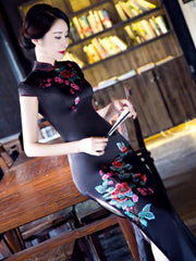 Black Floral Side Split Long Cheongsam