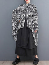 High-Low Loose Plaid Zipper Stand Collar Outerwear