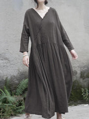 Ramie Cotton V-neck Loose Vintage Solid Midi Dresses