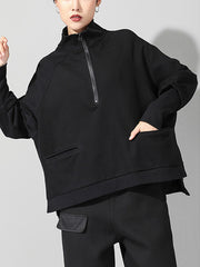 Zipper Batwing Sleeves Solid Sweatshirt
