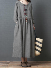 Cute Naional Plaid Red Button Long Dress